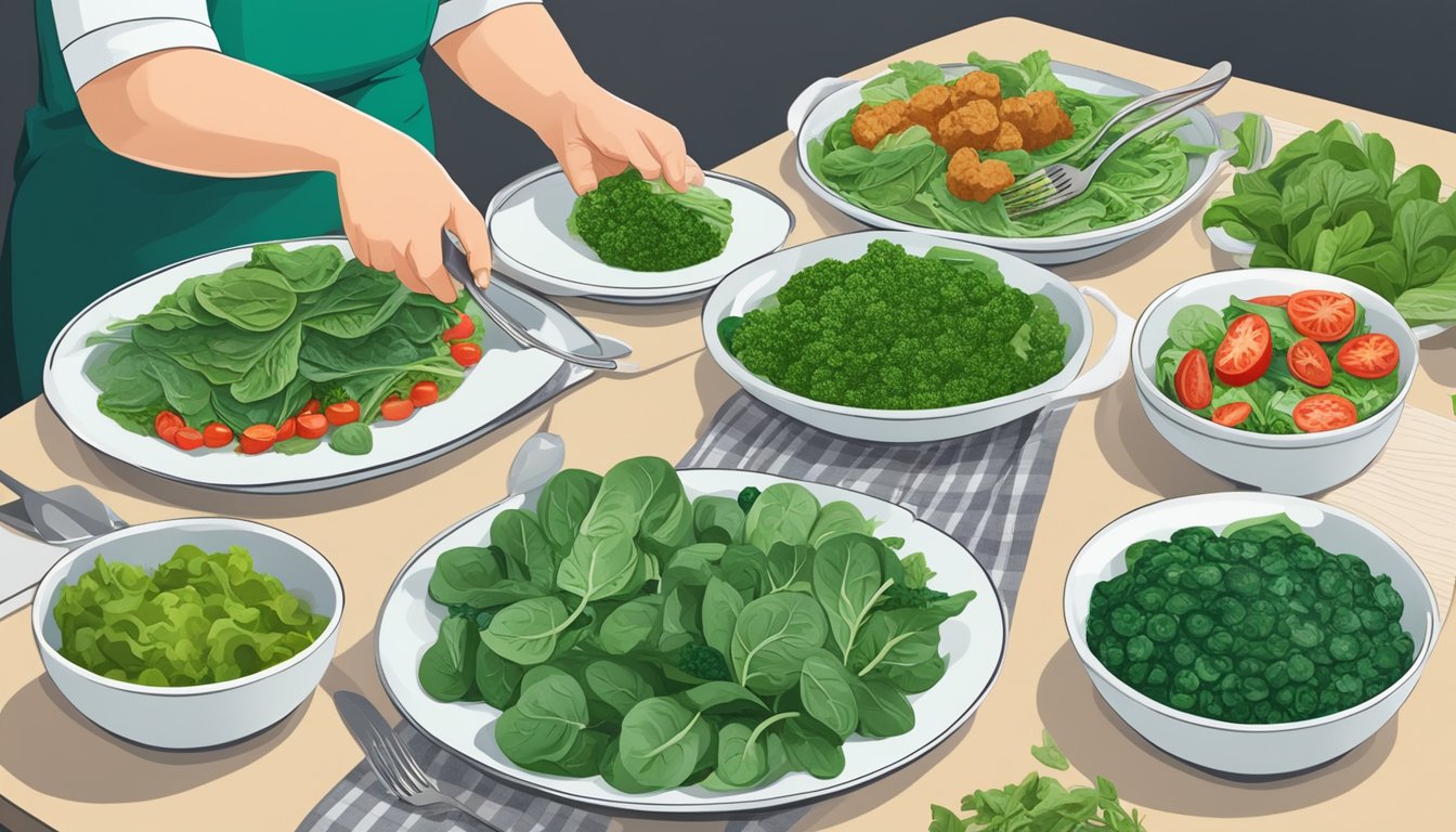 A table with a variety of spinach dishes, including salads and cooked spinach, with a diabetic person checking their blood sugar levels nearby