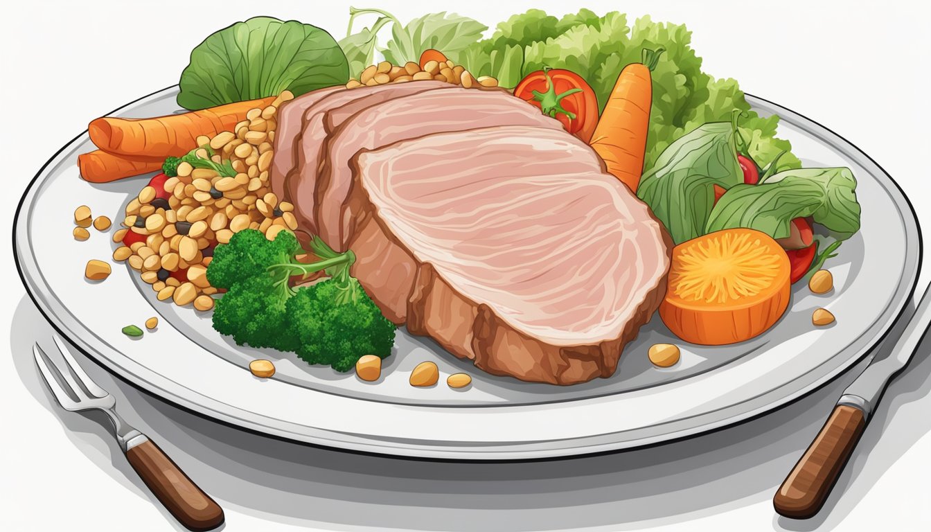 A plate with a portion of lean pork, surrounded by colorful vegetables and grains