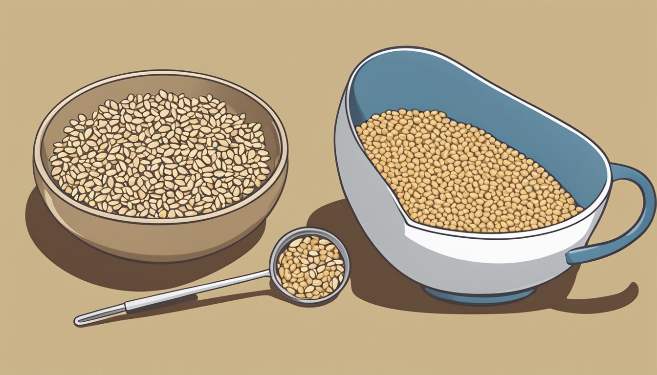 A bowl of cooked barley with a measuring cup next to it, indicating portion size for a diabetic diet