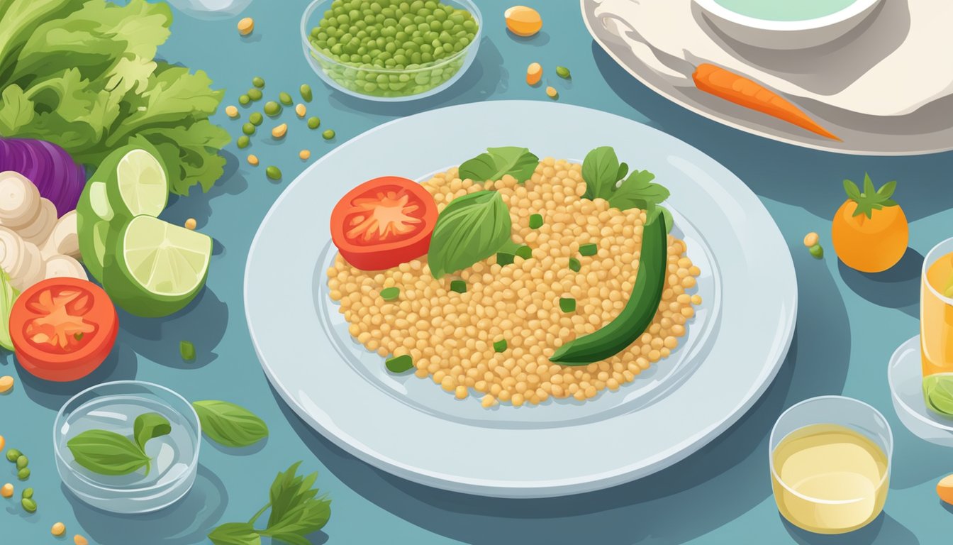 A diabetic-friendly meal with a measured portion of barley on a plate, surrounded by fresh vegetables and a glass of water