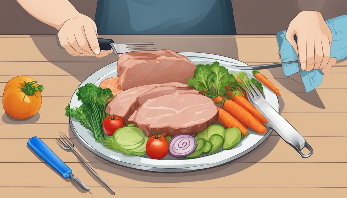 A plate with a portion of lean pork, surrounded by vegetables and a measuring tool, with a health professional providing guidance