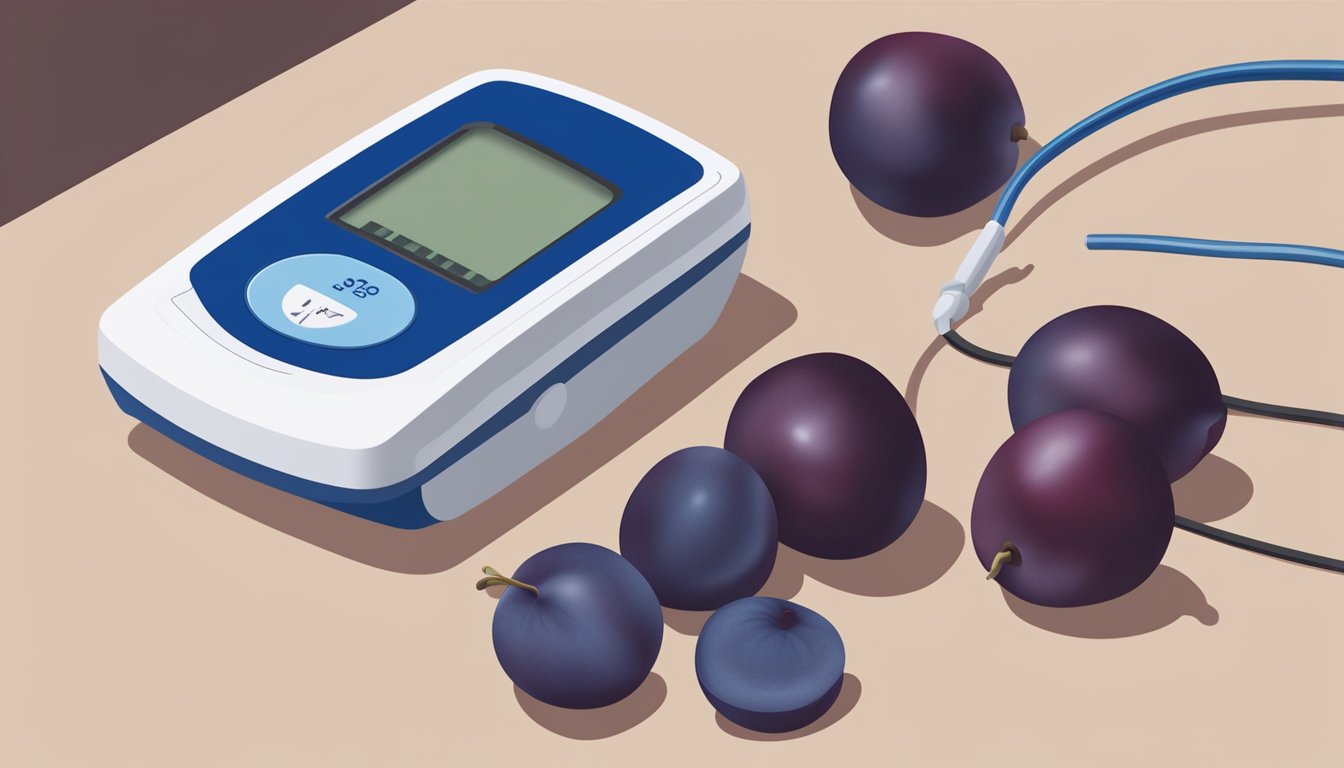 A diabetic-friendly scene with a small pile of plums and a blood sugar monitor nearby