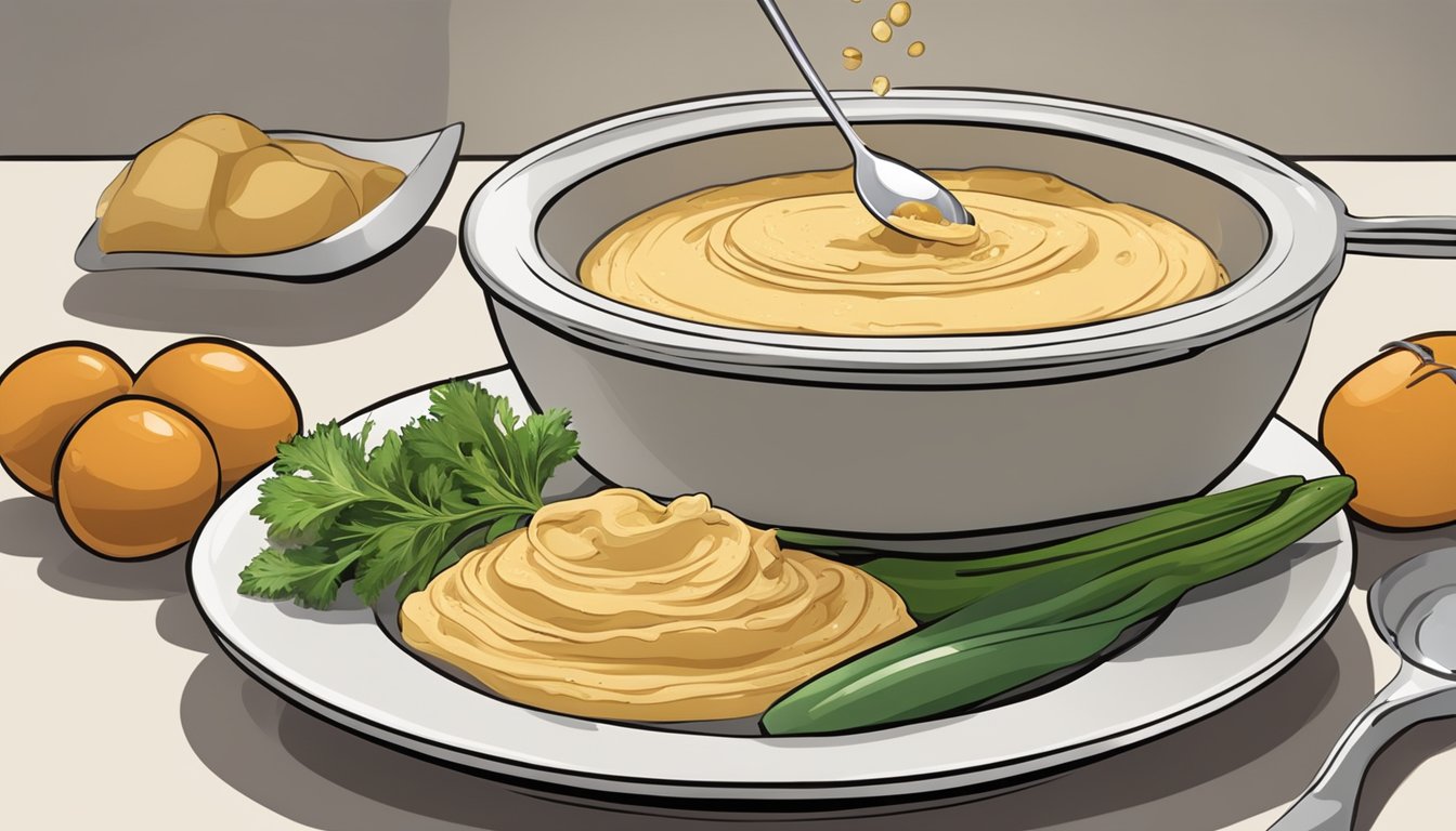 A diabetic portioning out hummus onto a plate with a measuring spoon