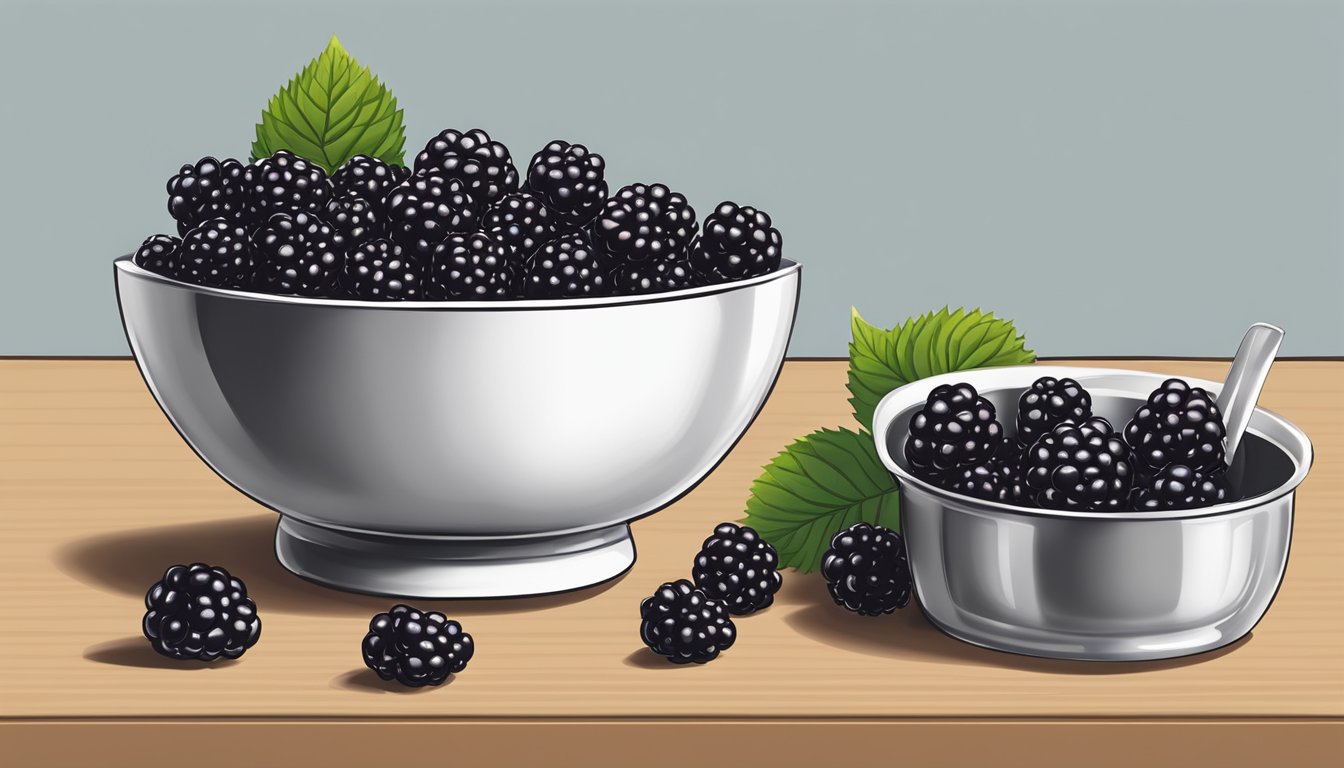 A bowl of blackberries with a measuring cup next to it