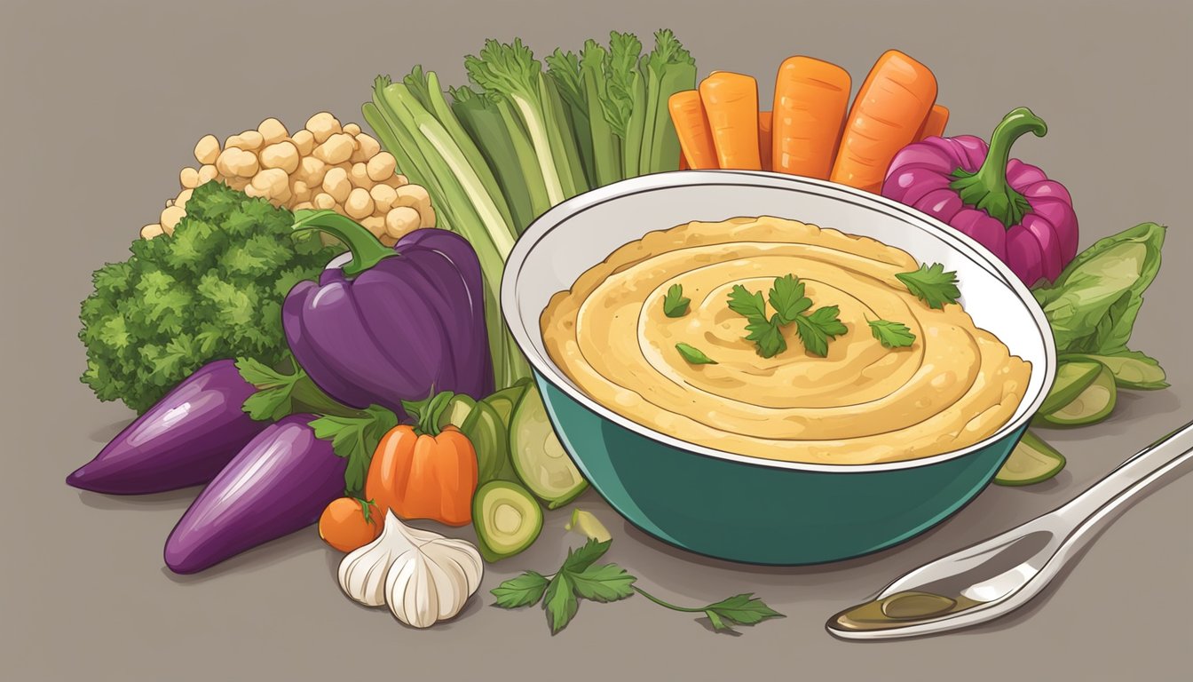 A bowl of hummus surrounded by colorful vegetables and a measuring cup