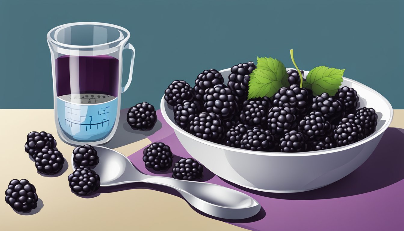 A bowl of blackberries beside a measuring cup and a blood sugar monitor