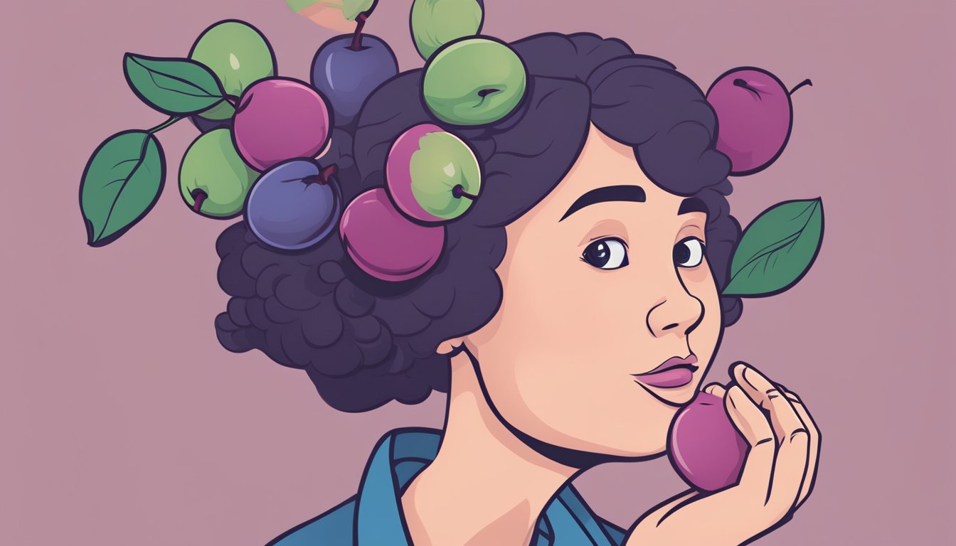 A diabetic person holding a bunch of plums, with a question mark above their head