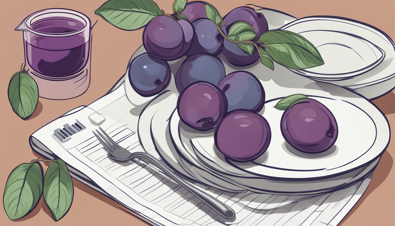 A diabetic-friendly meal plan with a plate of plums and a hand holding a measuring cup