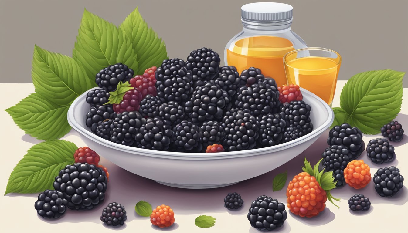 A bowl of ripe blackberries overflowing with juicy fruit, surrounded by a measuring cup and a diabetes medication bottle