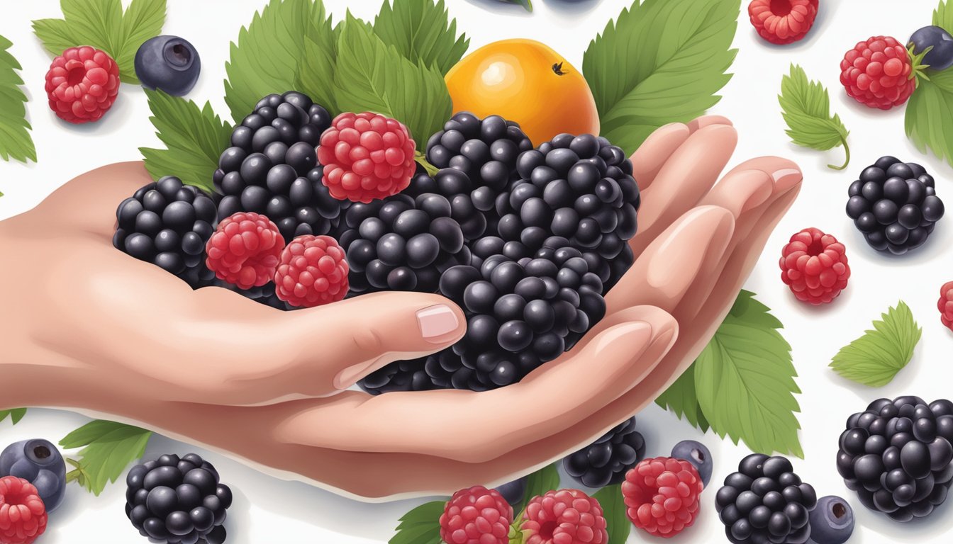 A diabetic person holding a handful of blackberries, surrounded by various fruits