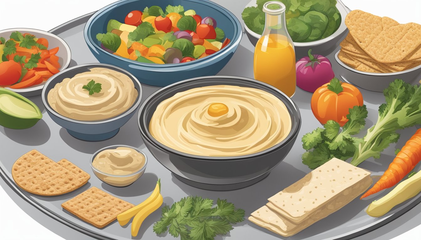 A diabetic portioning hummus onto a plate alongside a variety of colorful, nutrient-rich complementary foods such as sliced vegetables, whole grain crackers, and lean protein sources