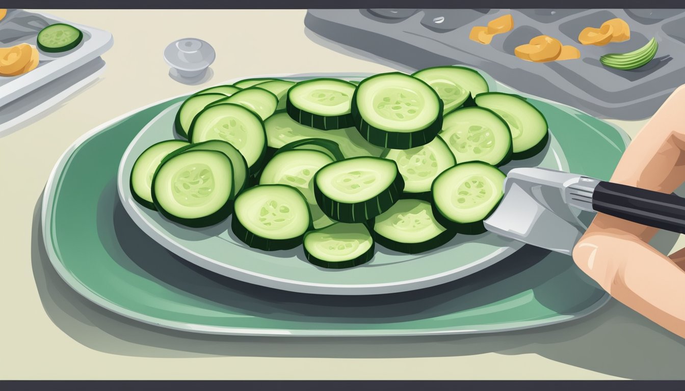 A plate with a pile of cucumber slices, a measuring tool, and a person with a concerned expression