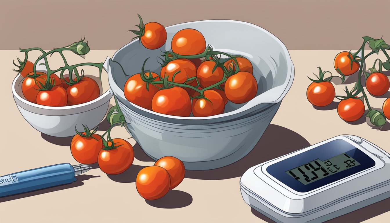 A bowl of cherry tomatoes with a blood glucose monitor and insulin pen nearby