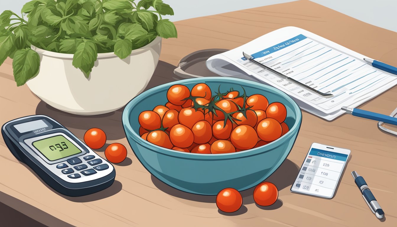 A bowl of cherry tomatoes next to a diabetic meal plan and a blood glucose monitor