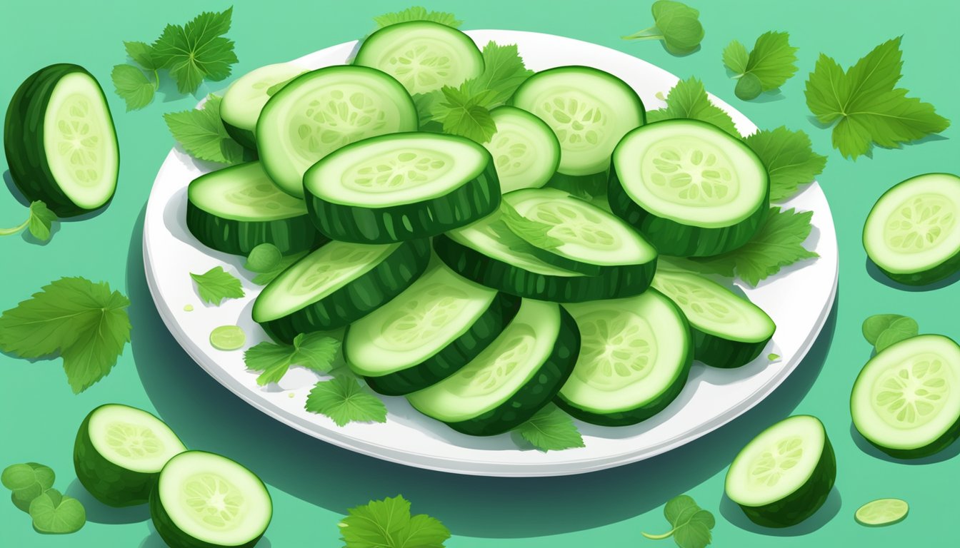 A pile of fresh cucumber slices arranged on a plate, surrounded by vibrant green leaves and sprigs of herbs