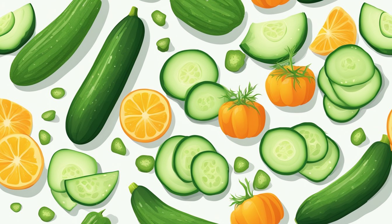 A cucumber surrounded by various vegetables, with a portion of cucumber slices separated from the rest