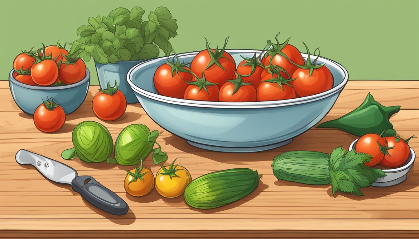 A bowl of cherry tomatoes on a wooden cutting board, surrounded by various fresh vegetables and a measuring cup