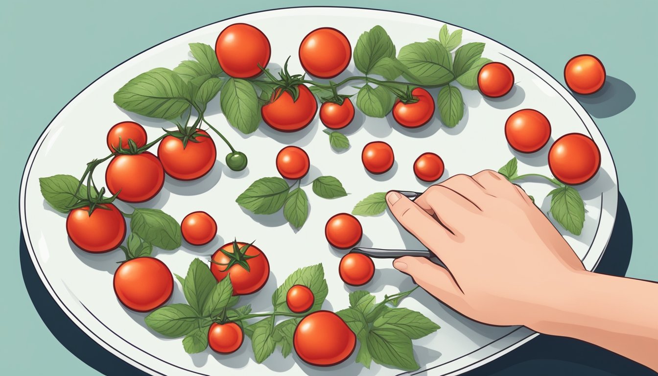 A diabetic person carefully counting cherry tomatoes on a plate