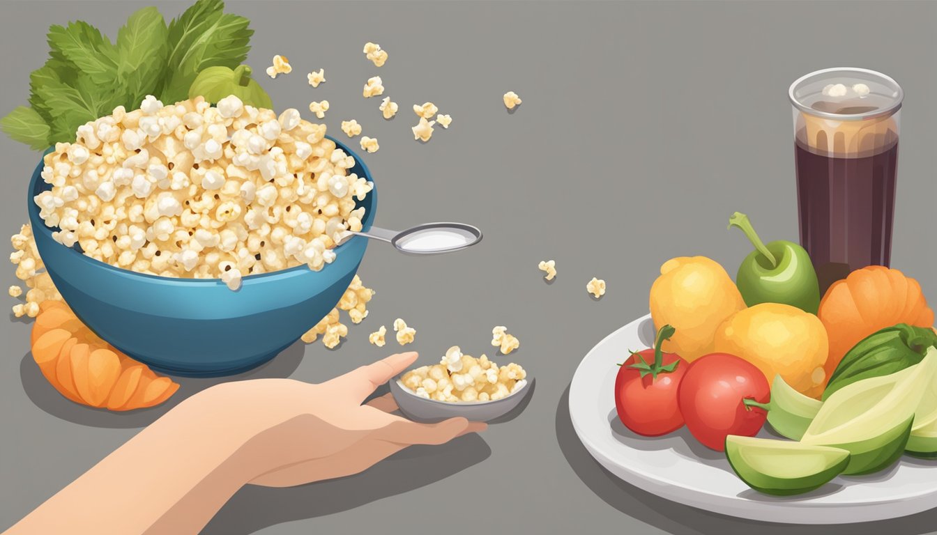 A diabetic measuring out a portion of air-popped popcorn in a bowl, surrounded by fresh fruits and vegetables