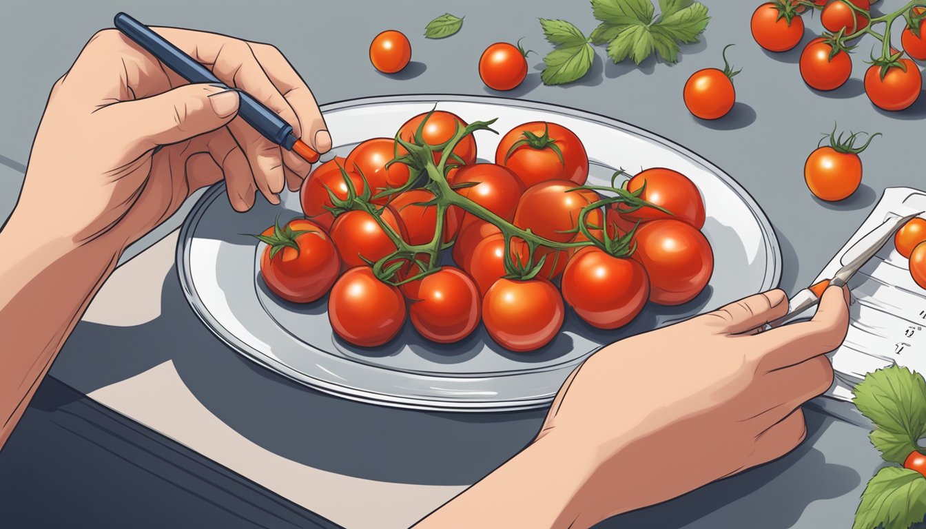 A diabetic carefully counting cherry tomatoes on a plate