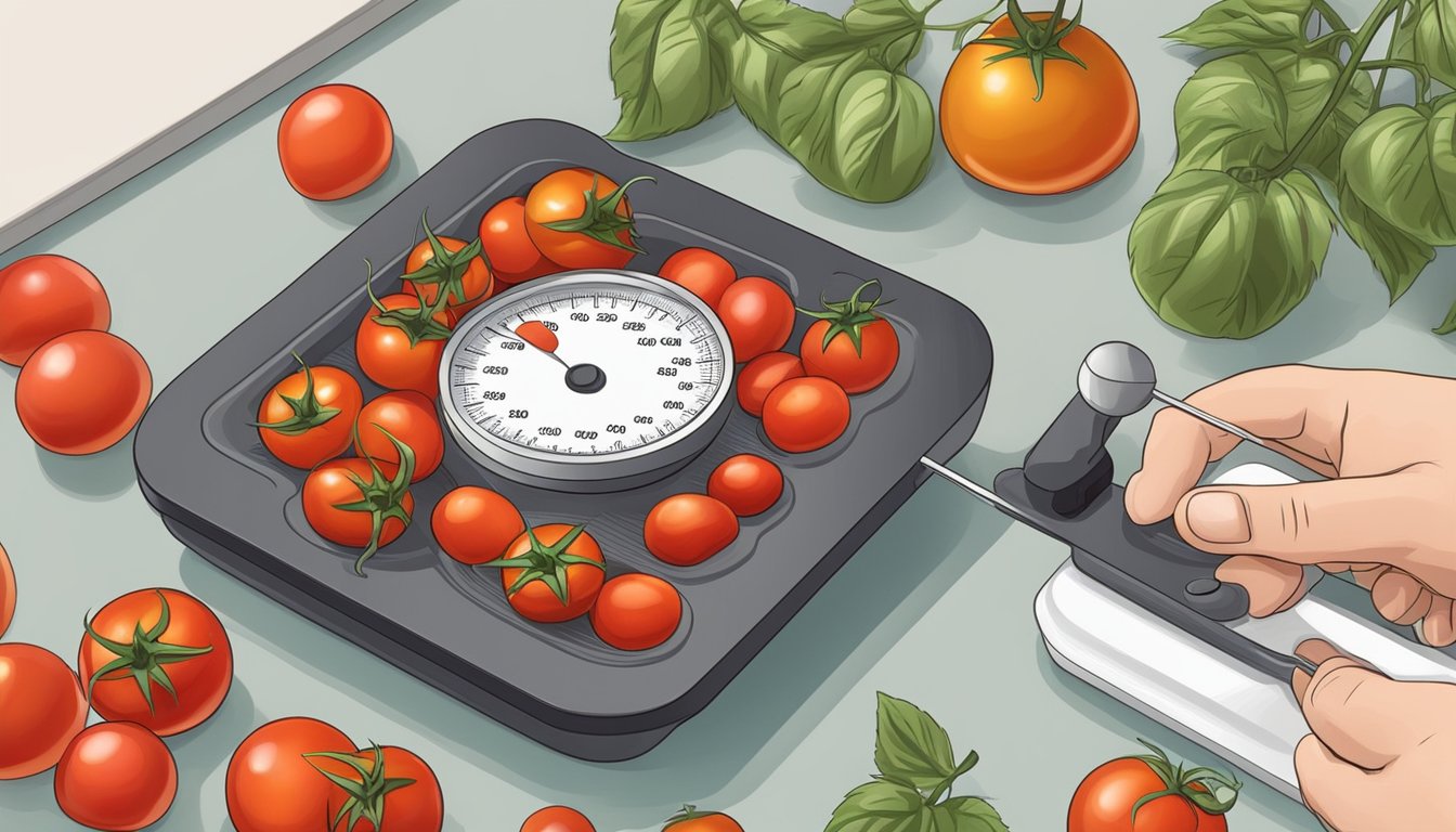 A diabetic carefully measuring cherry tomatoes with a kitchen scale