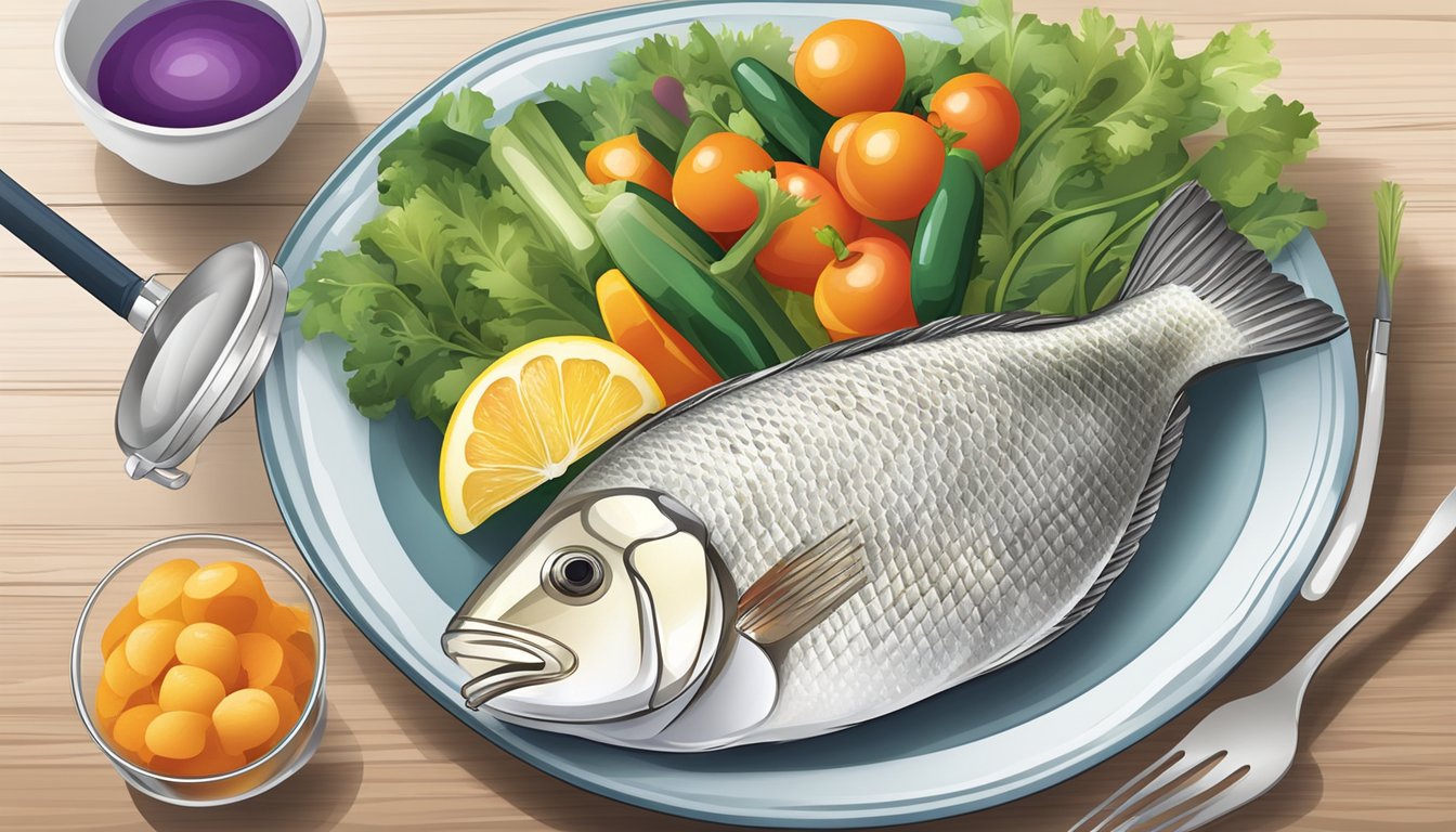 A plate of tilapia fillets surrounded by colorful vegetables, with a measuring cup and a blood glucose monitor nearby