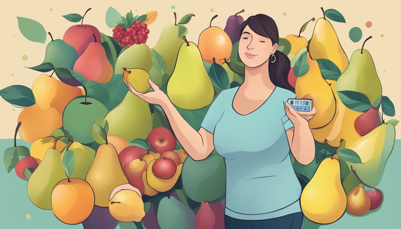 A diabetic person holding a pear, surrounded by various fruits, with a question mark hovering above the pears