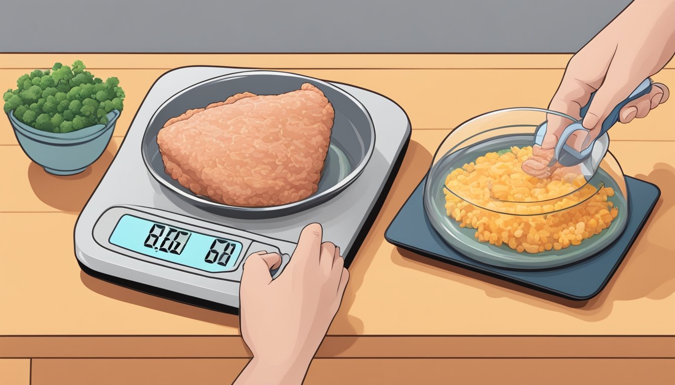 A person with diabetes measuring a portion of ground turkey on a food scale