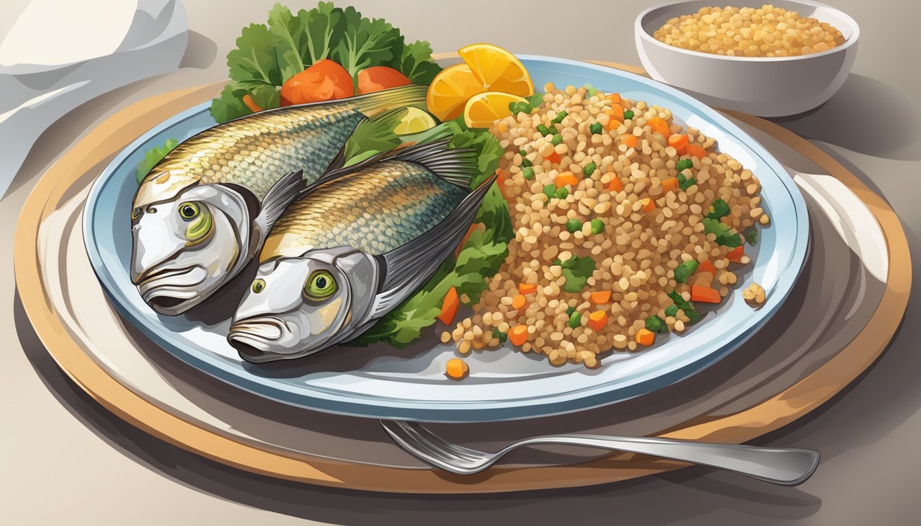 A plate with a portion of grilled tilapia, accompanied by a colorful array of steamed vegetables and a small portion of whole grains