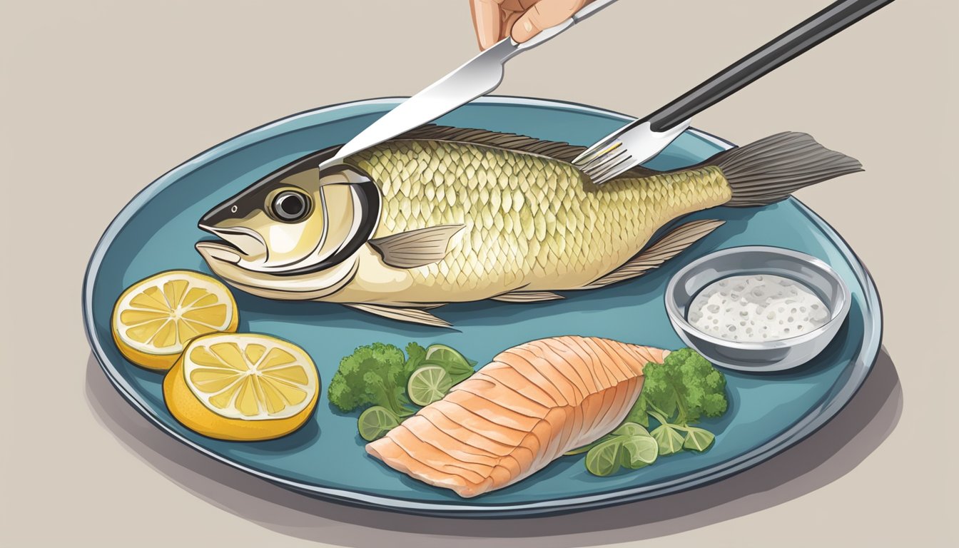 A person with diabetes measuring portions of tilapia on a plate