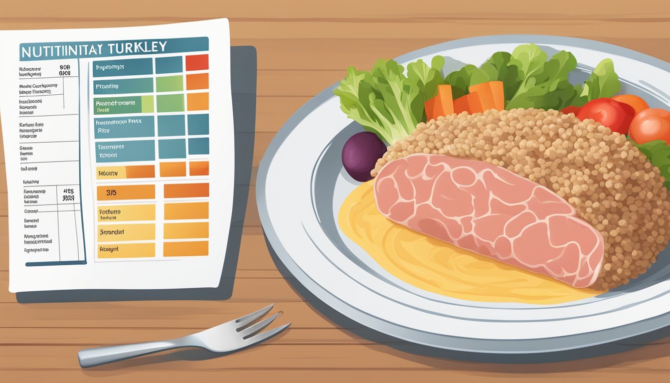 A plate with a portion of ground turkey next to a nutritional chart