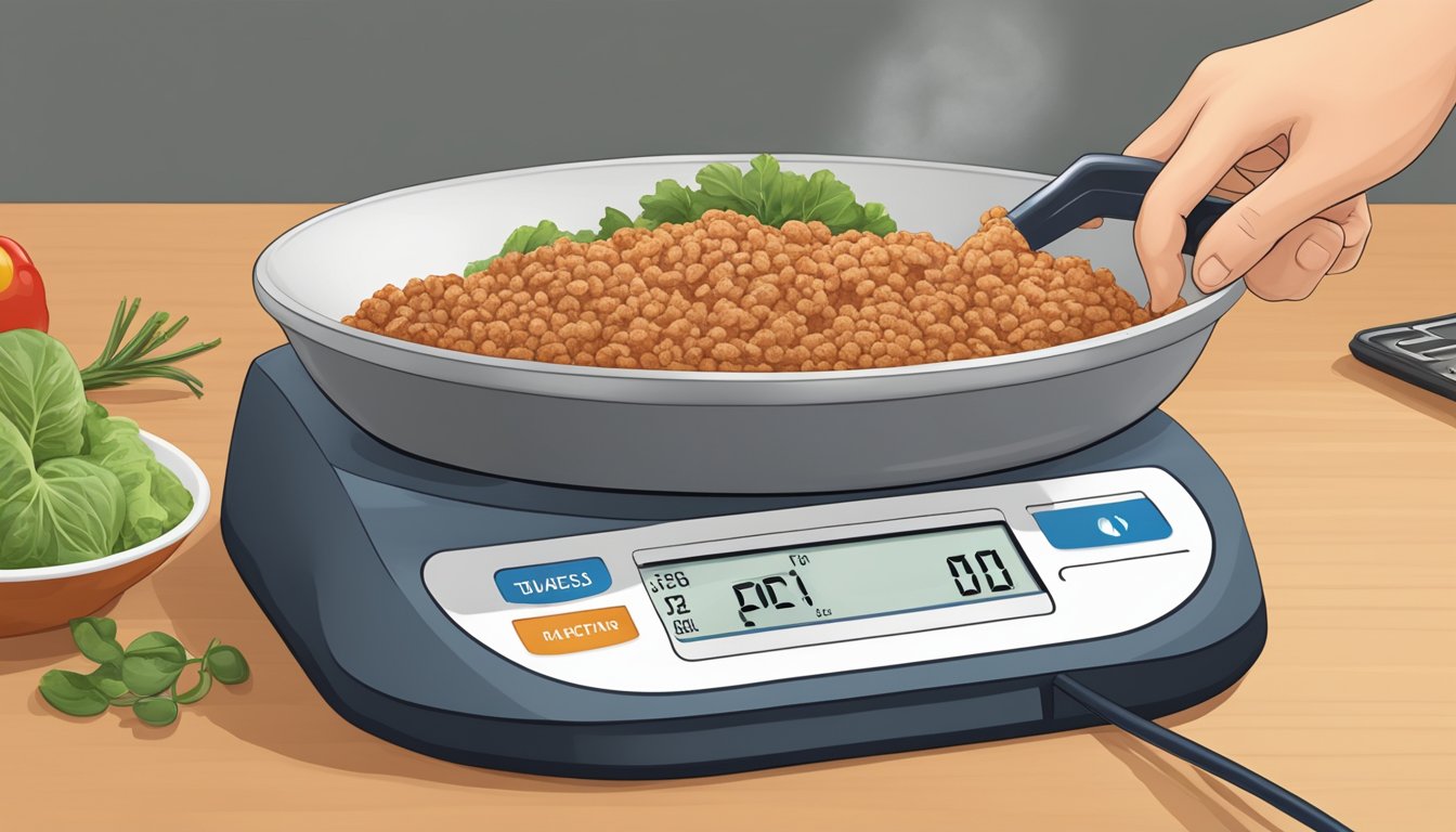 A diabetic measuring out a portion of ground turkey on a scale