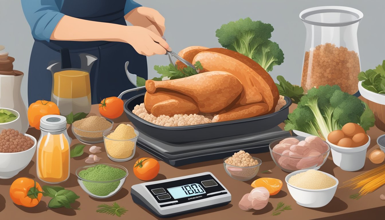 A person measuring ground turkey with a scale, surrounded by various healthy cooking ingredients and utensils