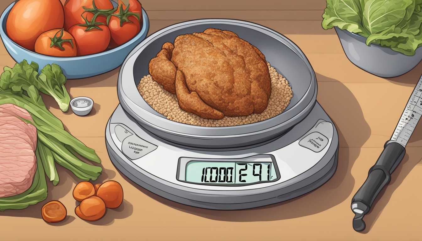 A diabetic measuring portions of ground turkey on a kitchen scale