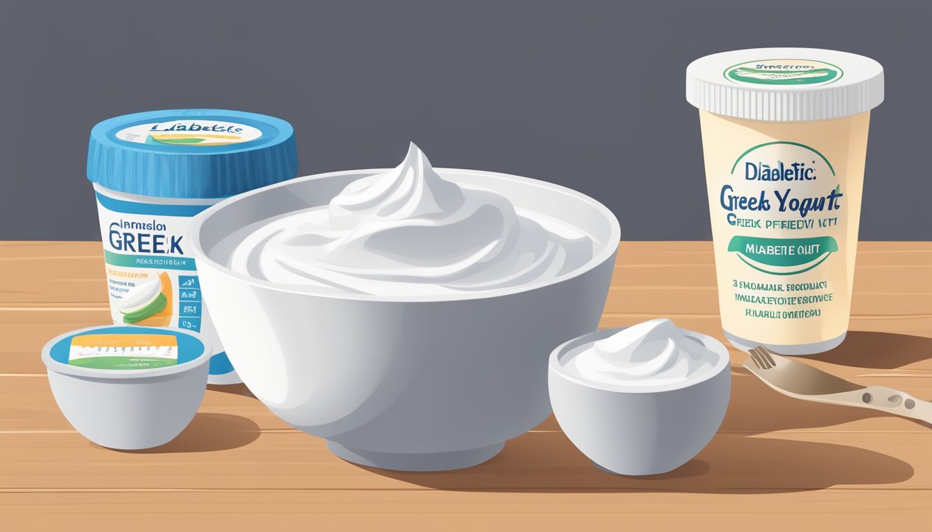 A bowl of Greek yogurt next to a measuring cup, with a diabetic-friendly portion measured out. Ingredients and nutritional information are displayed nearby