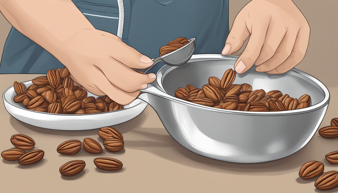 A diabetic measuring out a small portion of pecans with a measuring cup