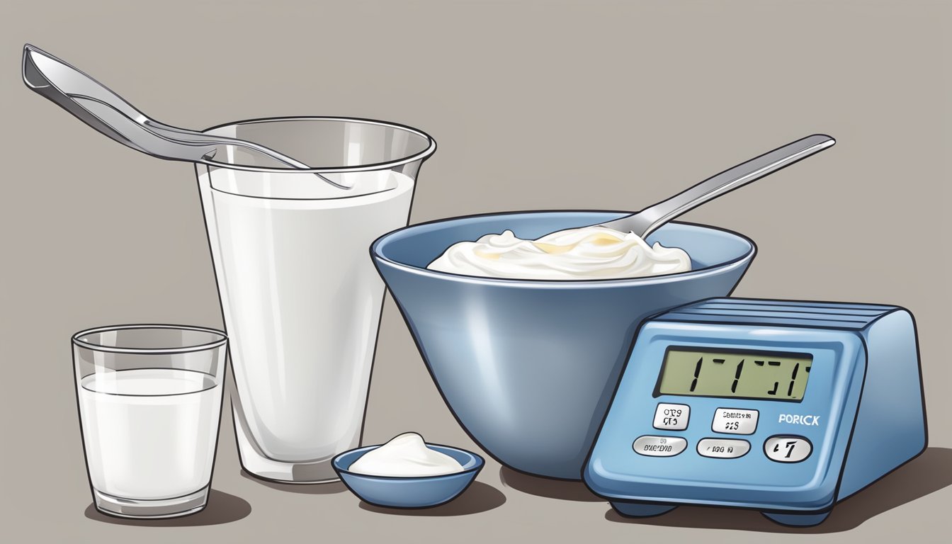 A diabetic measuring and portioning Greek yogurt with a measuring cup and a food scale