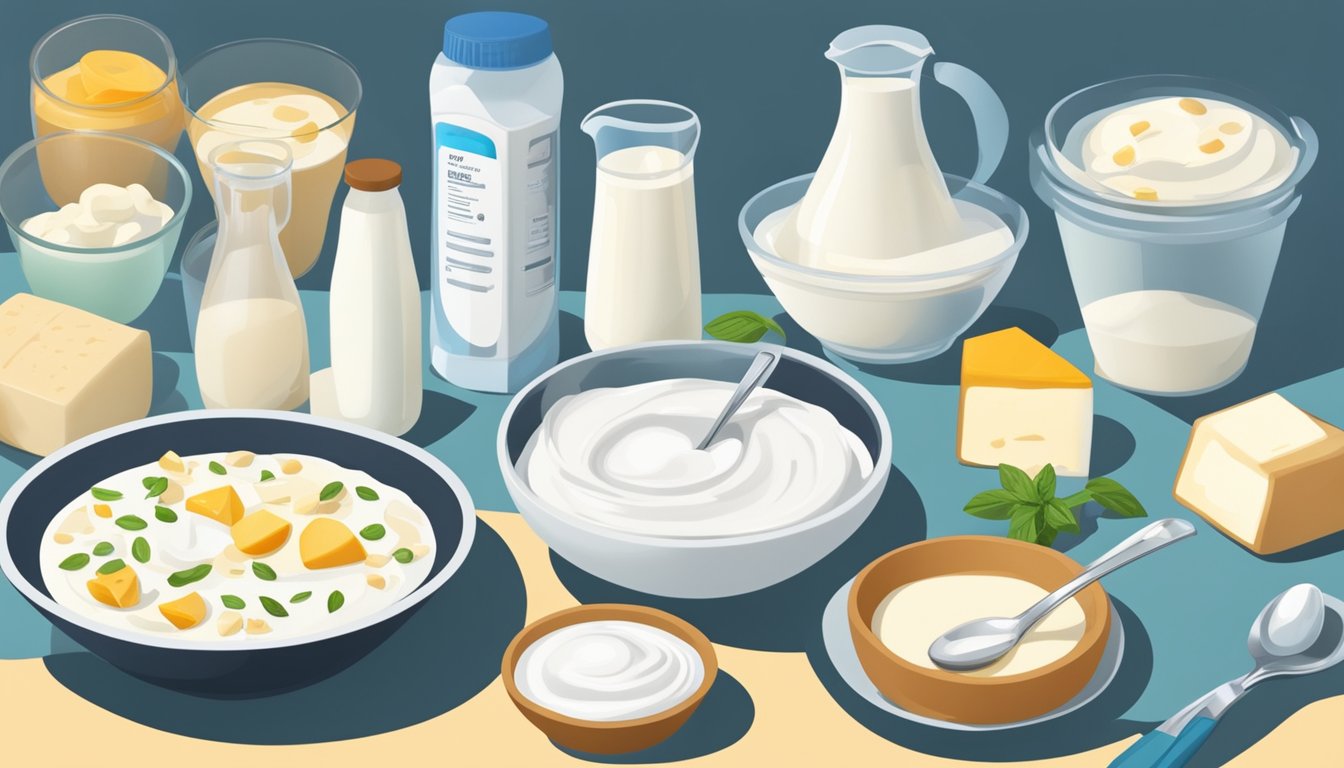 A bowl of Greek yogurt surrounded by various other dairy products. A diabetic measuring a portion with a spoon