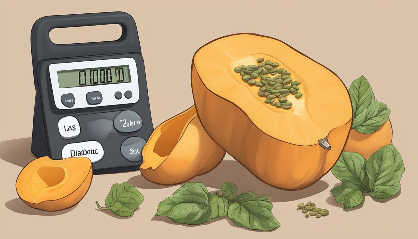 A diabetic measuring portions of butternut squash with a food scale and consulting a nutrition guide