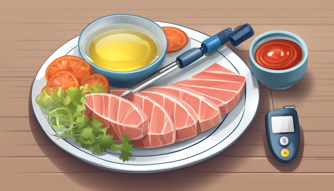 A plate of tuna with a measuring cup and a diabetes blood sugar monitor