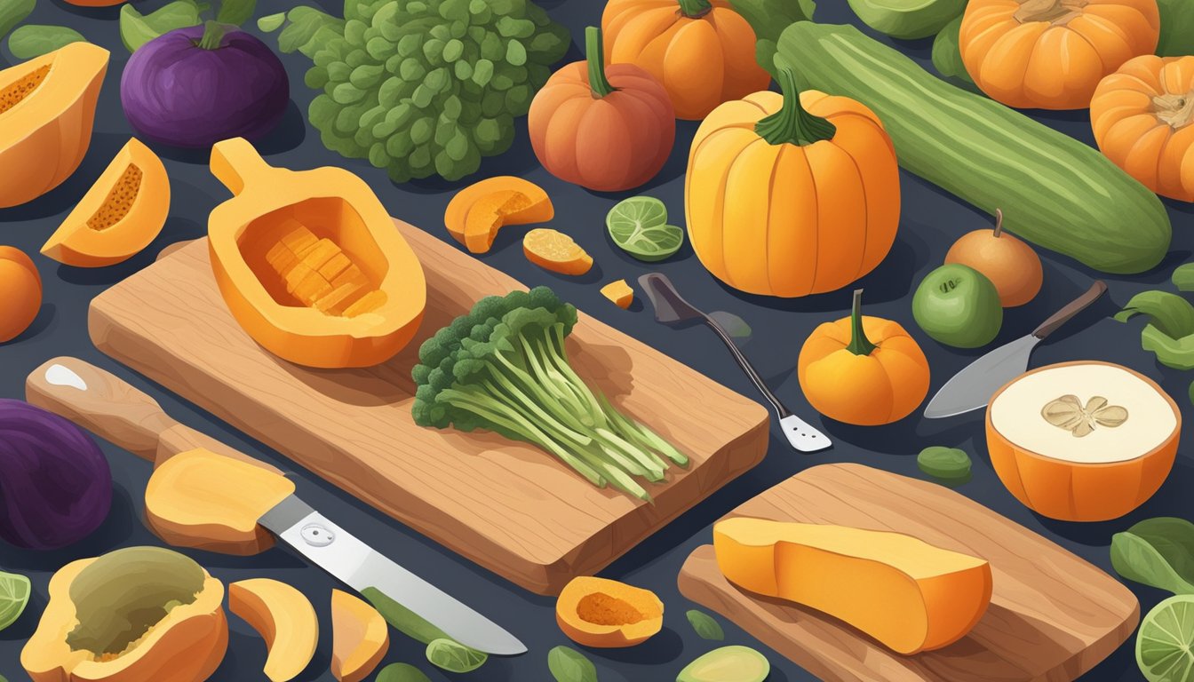 A diabetic carefully measuring and slicing butternut squash on a cutting board, surrounded by various fruits and vegetables