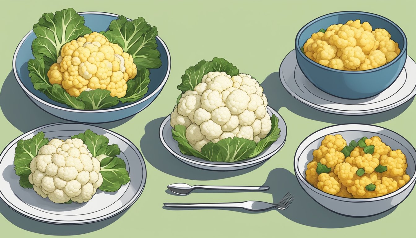 A plate with a measured portion of cauliflower next to a diabetes-friendly meal and a portion size guide