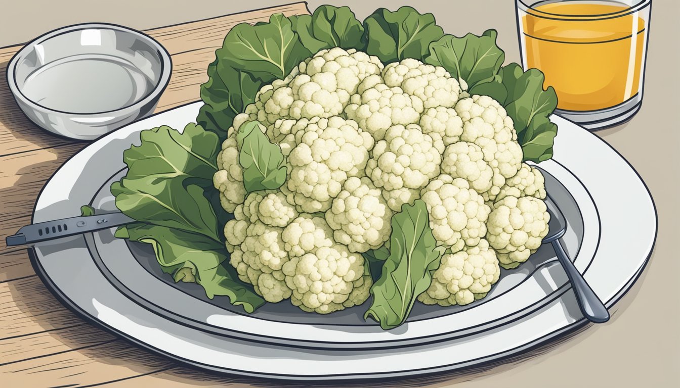 A plate of cauliflower with a measuring cup next to it, indicating portion size for a diabetic