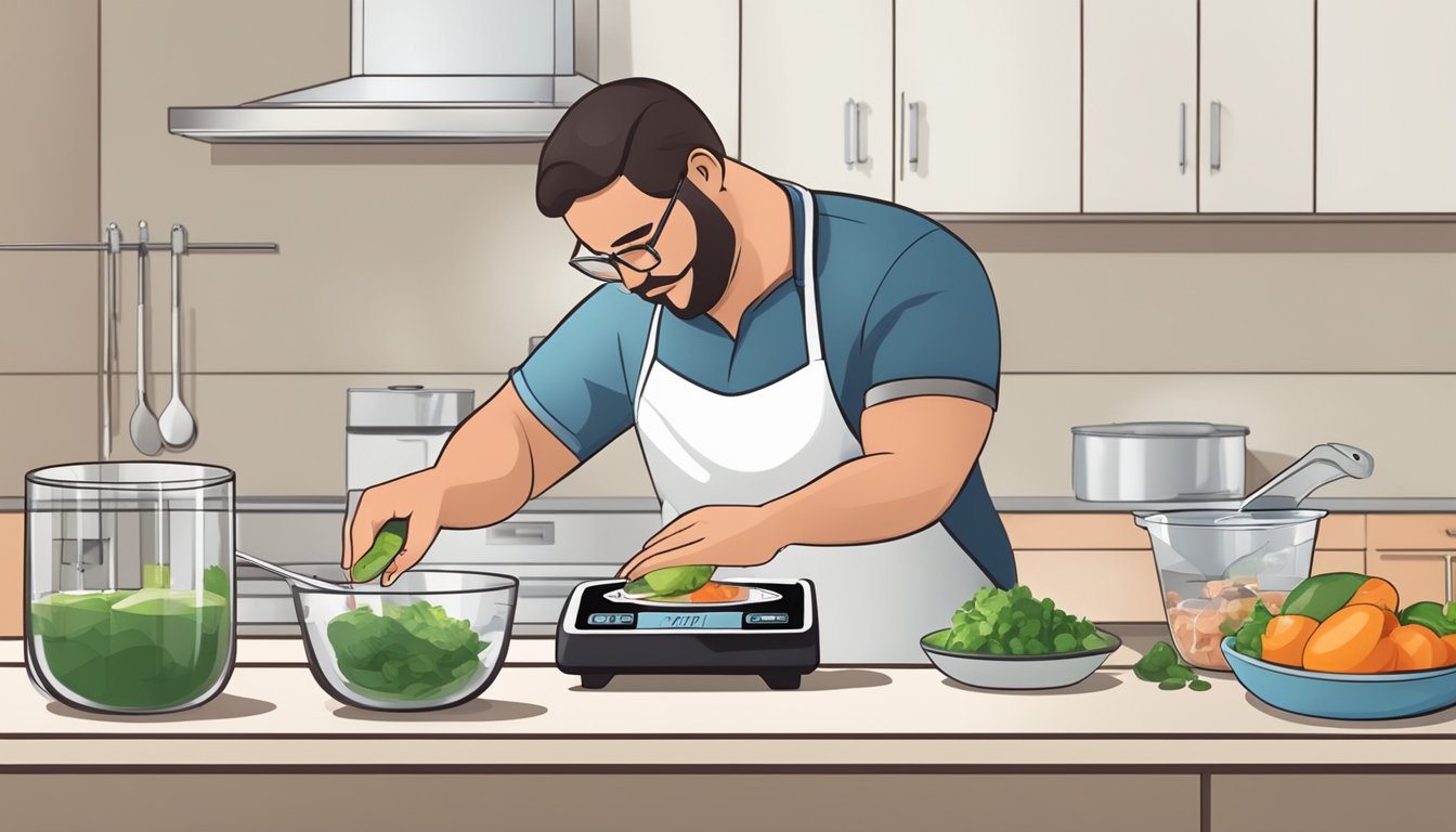 A diabetic person measuring out a portion of tuna with a measuring cup and a food scale on a clean, organized kitchen counter