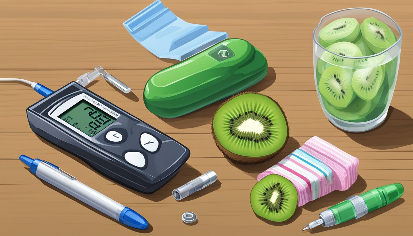 A diabetic can eat one kiwi, shown next to a blood glucose meter and insulin pen on a table