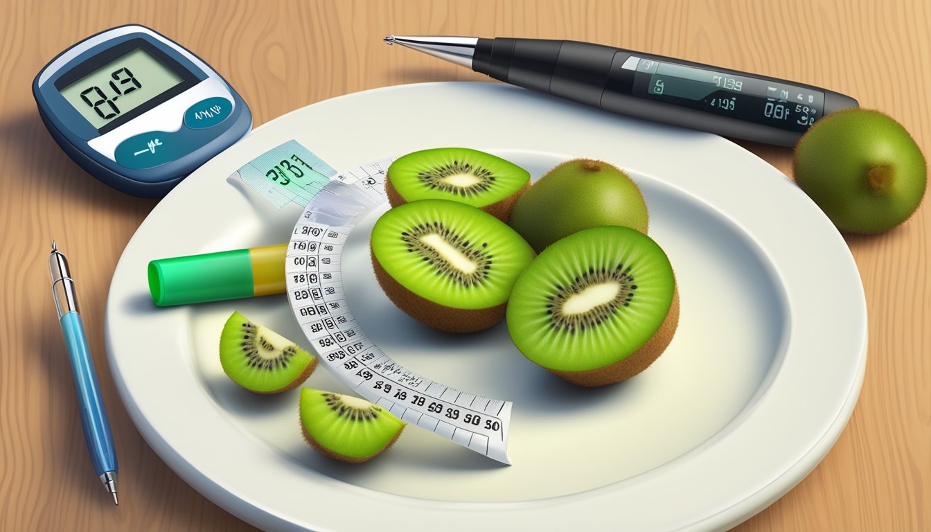 A plate with several kiwis and a glucometer showing a healthy blood sugar level