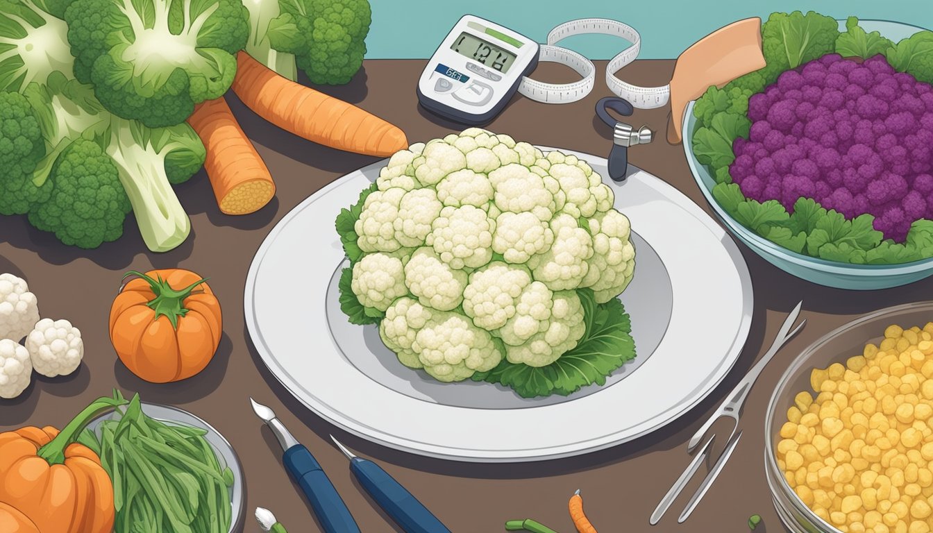 A diabetic carefully measuring and portioning out cauliflower florets onto a plate, surrounded by a variety of other low-carb vegetables and a blood glucose monitor nearby