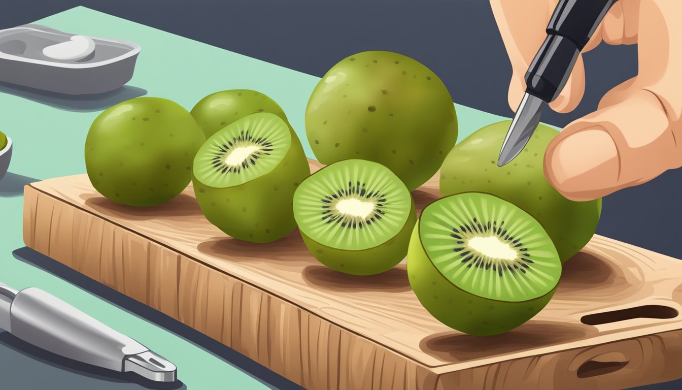 A diabetic carefully selects and measures kiwis on a cutting board for portion control