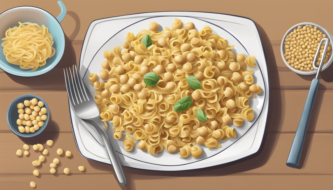 A plate of chickpea pasta with a measuring cup next to it, showing the portion size for a diabetic