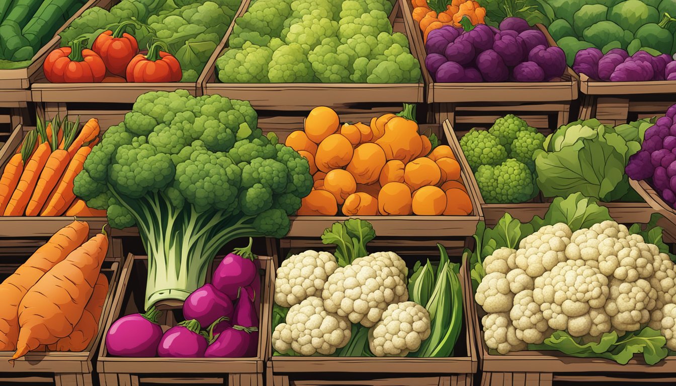 A colorful array of fresh vegetables, including cauliflower, displayed in a vibrant market setting